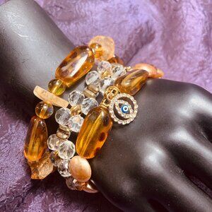 Evil Eye Moon Charm, Citrine, Glass & Pewter Stretch Bracelet Set
